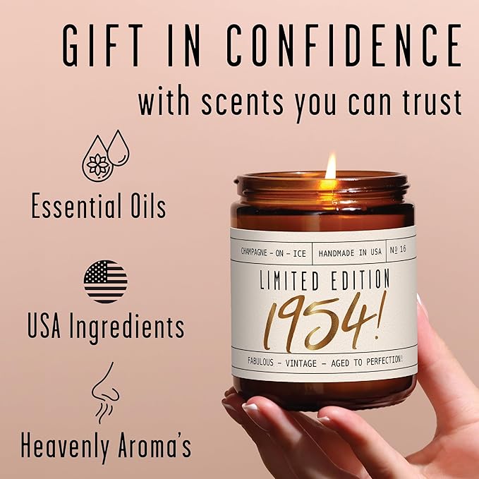 72nd Birthday Gifts for Women - 'Limited Edition 1954' Soy Candle, w/Champagne on Ice I 72nd Birthday Gift for Her Ideas I 9oz Reusable Jar, 50Hr Burn, Made in USA