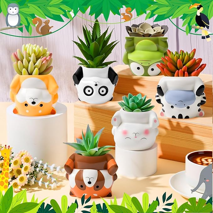 Chuangdi 6 Sets DIY Ceramic Succulent Pots Paint Animal Planters Unpainted Plant Flower Pot Paintable Ceramic Painting Kit Drainage Hole Color Paints Paintbrushes Palettes for Craft Activity
