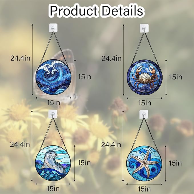 DASTOLL Stained Glass Window Hanging 4 Pcs Set Blue Ocean Waves Large 15" - Starfish Crab Seal Suncatcher Door Garden Sun Catcher Decor Birthday for Mom Woman Nana Men Friend