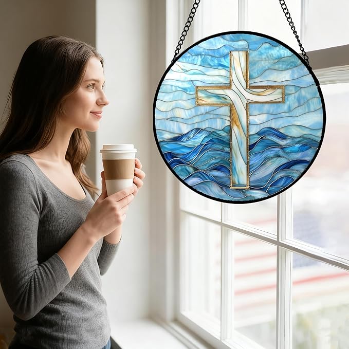 JOSUMALY Christian Gifts for Women - Blue Cross Stained Glass Window Hanging Jesus Easter Ocean Waves Sun Catcher Garden Religion Decor Mother's Day Catholic Gift for Men Grandma Mom Her Nana 6.3"