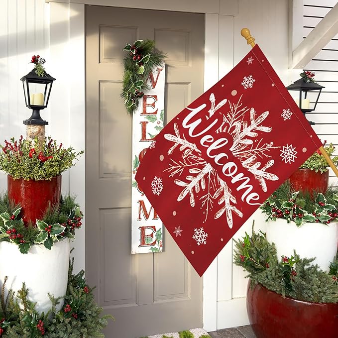 Heyfibro Christmas Welcome Garden Flag 28x40 Inch Double Sided Burlap, Winter Snowflake Yard Banner for Holiday Xmas Yard Outdoor Decoration(ONLY FLAG)