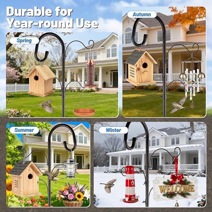 Eyrizon 4-Hook Bird Feeder Pole for Outdoor,92 Inch Heavy Duty Shepherds Hooks with 5 Prongs Base,Adjustable Garden Hook for Hanging Plant,Hummingbird Feeder,Solar Light,Lantern