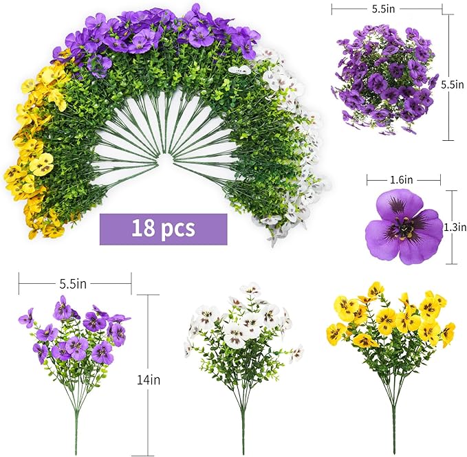 SupBri 18 Bundles Artificial Flowers for Outdoor, UV Resistant Fake Pansy Flowers, Silk Faux Fowers for Outdoor Planters Home Garden Office Patio Front (Yellow/Purple/White)