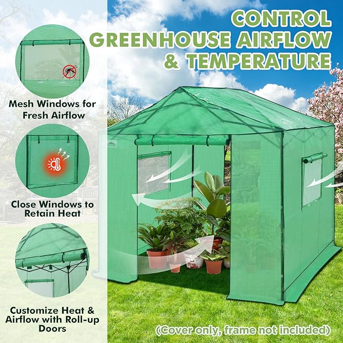 EAGLE PEAK Replacement Cover for 10x10 Gable Roof Pop up Greenhouse, Front and Rear Roll-Up Zipper Entry Doors and 2 Large Roll-Up Side Windows (Frame Not Included), Green