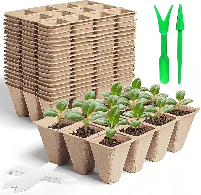 240 Cells Seed Thickened 12-Cell Peat Pots Seed Starter Kit - 20 Trays + Transplanting Tools & Plant Labels, Biodegradable Root-Friendly Seedling Cups for Vegetables Flowers Herbs Seed Starting