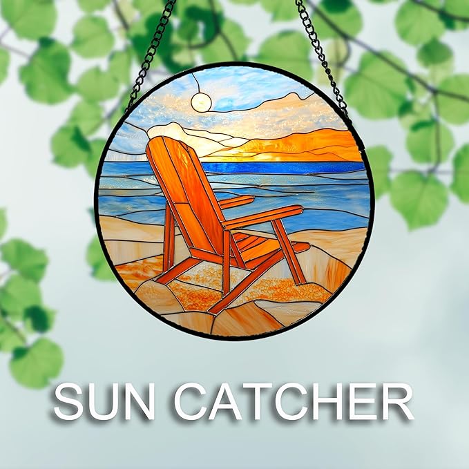 DASTOLL Stained Glass Window Hanging 4 Pcs Set Blue Orange Ocean Beach Theme Large 11.8" - Suncatcher Door Garden Sun Catcher Decor Birthday Christmas for Mom Woman Nana Men Wife