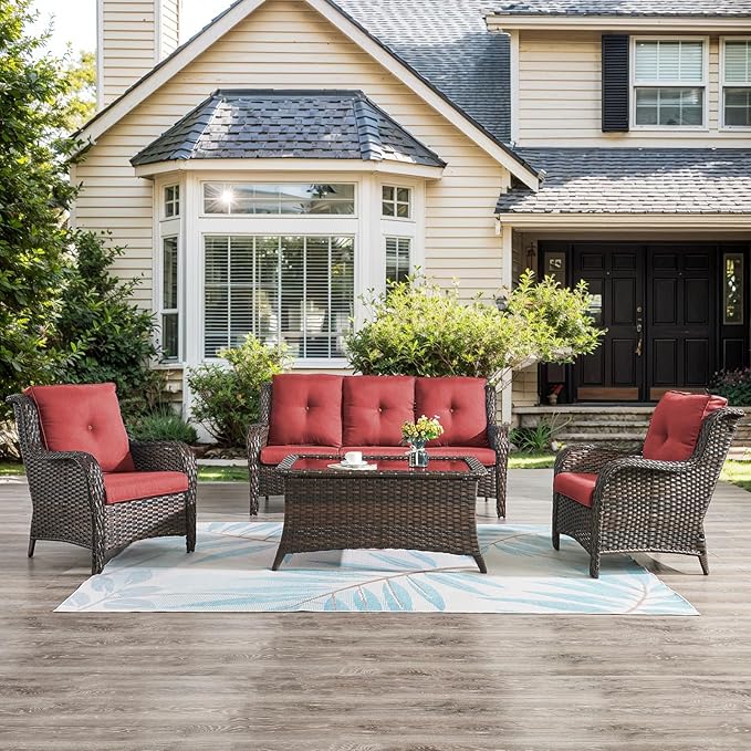 Belord Patio Wicker Furniture 4 Pieces Outdoor Furniture Set Patio Sofa Set with Wicker Chairs and Coffee Table, Paito Conversation Set for Porch Garden Deck Balcony Poolside Grey Red