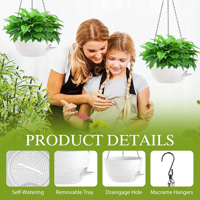 SQKH 10 Inch Hanging Baskets 2 PC with Chains, Self-Watering Hanging Planters for Indoor Outdoor Plants, Plastic Hanging Flower Pots,Speckled White