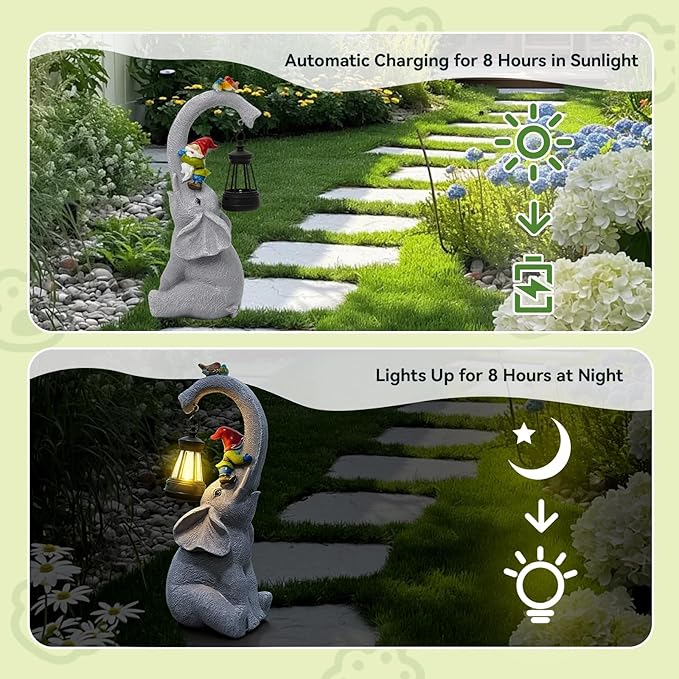 ArtCredit Solar Elephant Garden Statues with LED Lights, Outdoor Decor for Patio Yard Balcony - Unique Housewarming Birthday Gifts for Women Mom Grandma