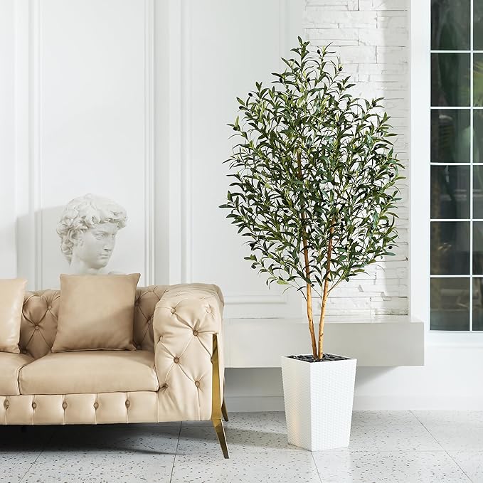 VeriNatural Artificial Olive Tree 6FT - Tall Faux Olive Trees with Natural Wood Trunk, Silk Leaves, White Taper Planter & Pebbles, UV Resistant Fake Plants Indoor for Home Decor, Office,Outdoor,VN131