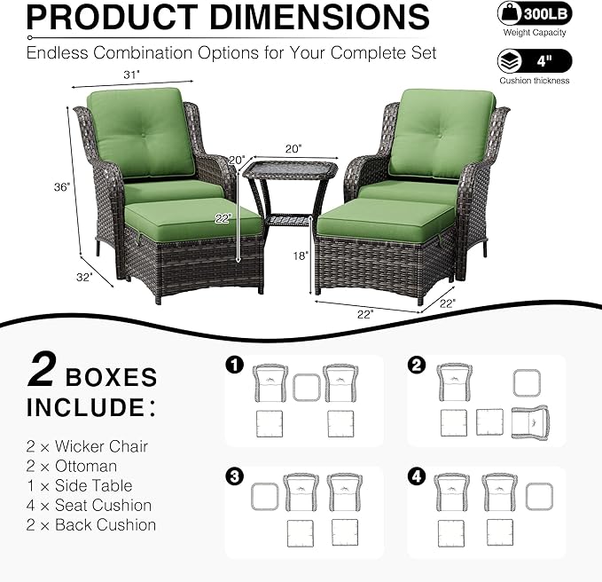Joyside 5 Piece Wicker Patio Furniture Set, Rattan Patio Chairs with High Back, Deep Seating, Wide Armrest, Thickened Cushions, Outdoor Furniture for Deck, Porch Use
