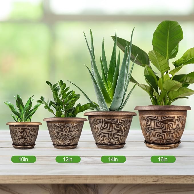 Fodetyff 16 Inch Large Planter Pot for Plants Indoor Outdoor, 4 Pack Plastic Flower Pots with Drainage Hole & Tray, Modern Decorative Garden Pot with Saucer, Plant Container for House
