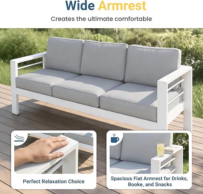 Wisteria Lane Aluminum Patio Furniture Set for All Weather, Oversized Metal Outdoor Furniture Set with 27.5" Deep Seat and 10" Back Cushion, Patio Conversation Sets with Wide armrest, White