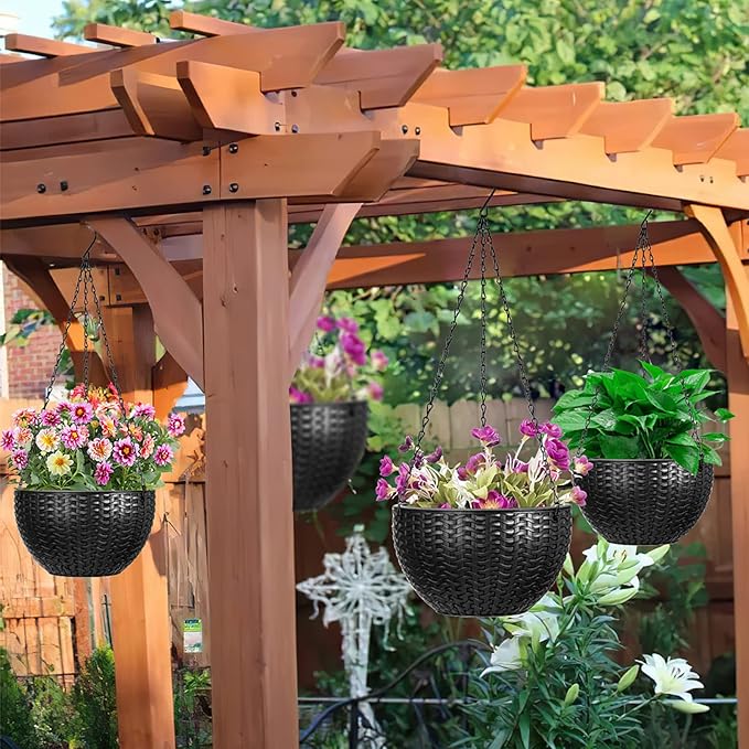 Foraineam Dual-Pot Self-Watering Hanging Planters, Black, 2 Pack, Indoor/Outdoor, Rattan Design, 10.2in and 8.2in