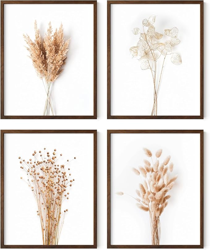 HAUS AND HUES Flower Wall Decor - Set of 4 Framed Floral Art Prints, Botanical Wall Art for Bedroom or Living Room, Flower Paintings and Pictures (Walnut Frame, 8x10)