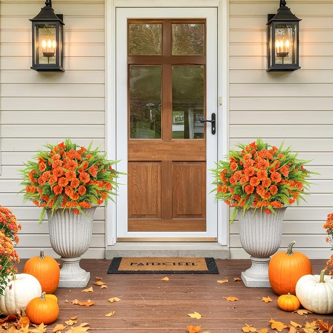 HIAGROW Artificial Fall Flowers for Outdoors 12 Bundles Fake Mums Petunias Flowers UV Resistant Shrubs Plants with Fern for Indoor Outside Hanging Planters Home Garden Autumn Thanksgiving Decorations