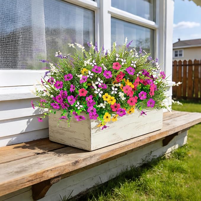 Artificial Fake Flowers for Outdoor Porch Planters Boxes Decoration,12 Bundles Outdoor Faux Fern Plants with Butterfly,UV Resistant Greenery Yard Patio Garden Decor