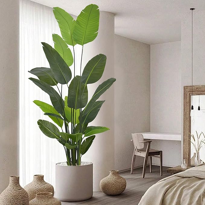 Bird of Paradise Plant Artificial 8ft - Tall Faux Plants Indoor with Realistic Trunks and 24 Vivid Leaves, 96 Inch Fake Tropical Floor Plants in Pot for Home Living Room Bedroom Office Indoor Decor
