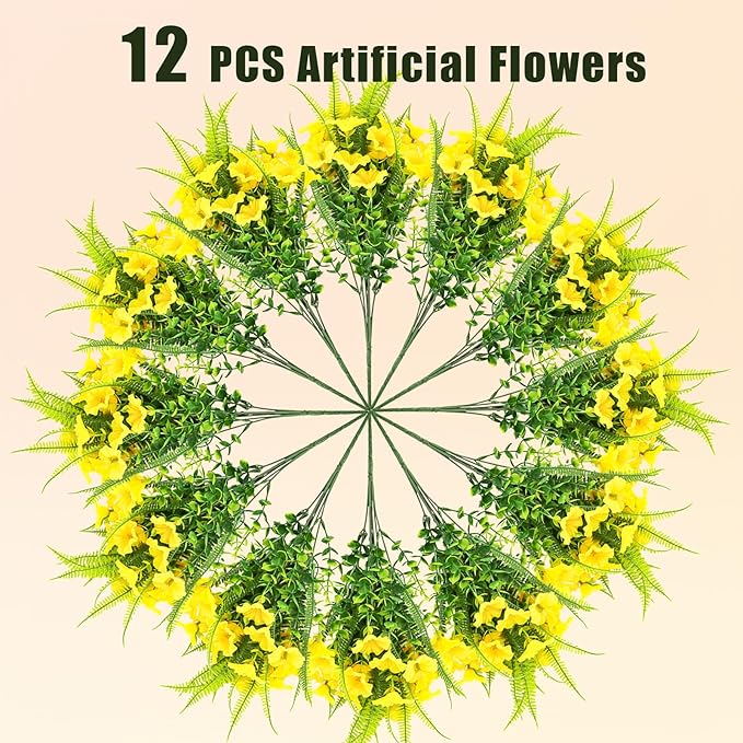 HIAGROW Artificial Flowers Outdoors 12 Bundles Yellow Artificial Petunias Fake Flowers UV Resistant Shrubs Plants with Fern for Indoor Outside Hanging Planters Home Garden Summer Decorations