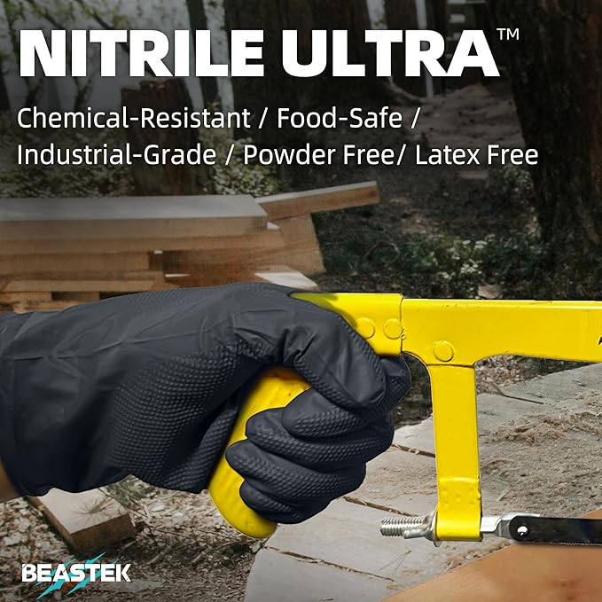 Beastek Nitrile Disposable Gloves, 8Mil Latex & Powder Free Chemical Resistant Heavy Duty Food Safe Diamond Glove Black 50Pcs