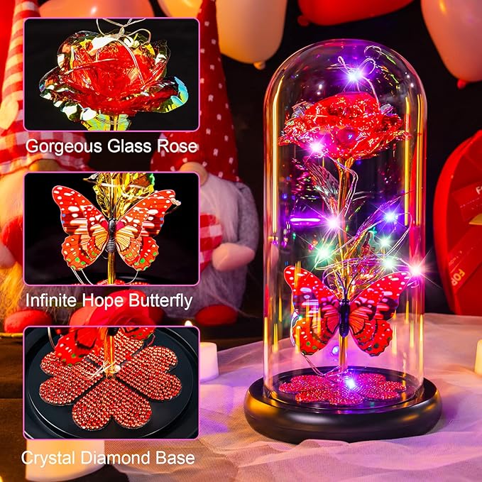 Valentines Day Rose Gifts for Her Birthday Gift for Women Galaxy Glass Rose in Glass Dome Forever Eternal Crystal Roses with Butterfly Anniversary Valentine Gifts for Daughter Mom Wife Girlfriend Red