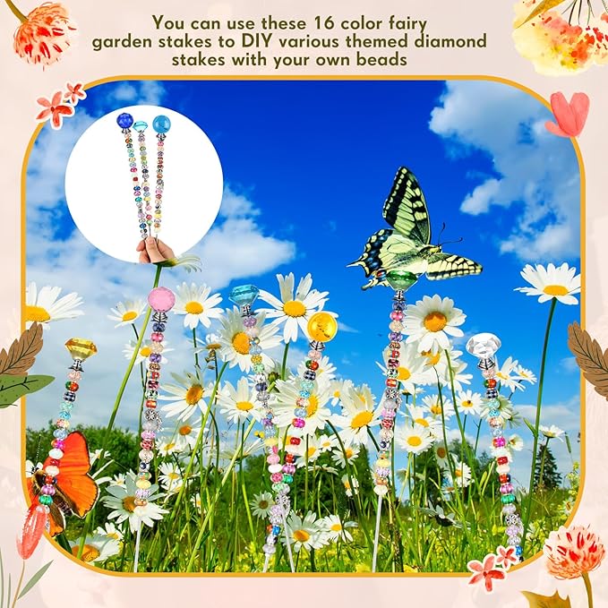 Zonon 16 Pack DIY Garden Beaded Stakes Wands Kit 16 Pcs 8/32 Inch 4mm 12 Inch Threaded Rod 16 Pcs 4mm Hex Nuts and 16 Diamond Tops Stainless Steel Decorative Garden Stakes, 16 Styles