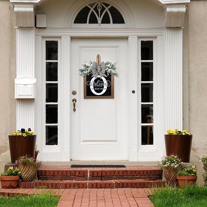 Ultra Large 14'' Last Name All Year Round Front Door Wreath with 26 Initial Letter Welcome Sign All Seasons Eucalyptus Garland and Bow Wreaths for Front Door Porch Farmhouse Decoration (O)
