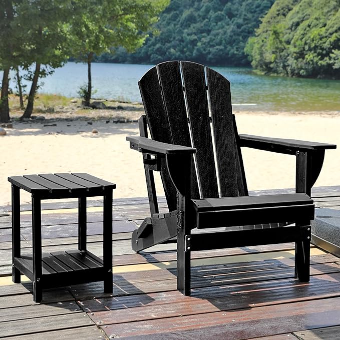 Folding Adirondack Chair Set with Side Table - HDPE Outdoor Patio Chairs, Weatherproof Chair with Reclining Back, Cup & Phone Holder, and 2-Tier Storage End Table for Firepit or Garden(Black)