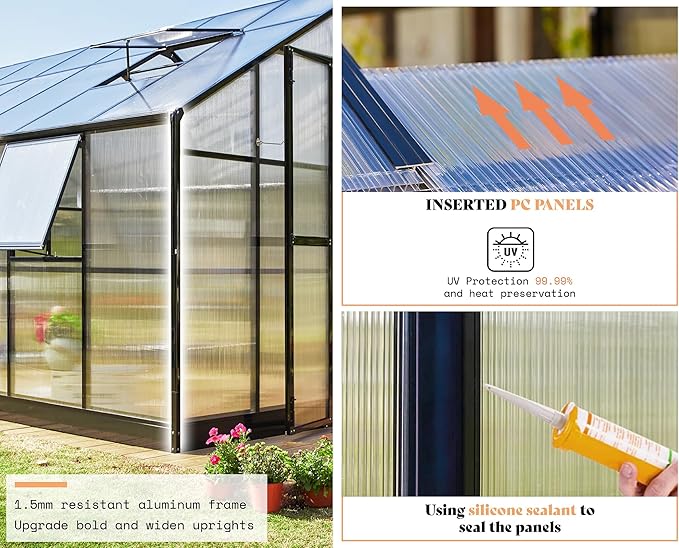 AMERLIFE 12×13.5×9 FT Walk-in Backyard Garden Greenhouse, Polycarbonate Panels, Aluminum Frame, Quick Connect Assembly, 6.7 FT Bronze Double Doors & 4 Vents, Black