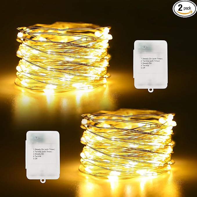 Timer Fairy Lights Battery Operated 2 Pack 16.4Ft 50 LEDs Silver Copper Wire Twinkle String Lights with Timer 5 Lighting Modes for Christmas Bedroom Wedding Parties Holiday Decorations (Warm White)