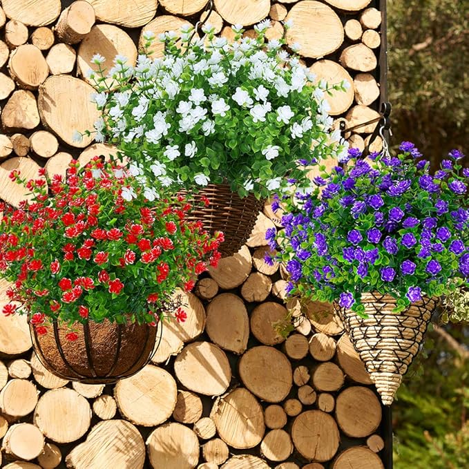 ArtBloom 6 Bundles Outdoor Artificial Flowers UV Resistant Fake Boxwood Plants, Faux Plastic Greenery for Indoor Outside Hanging Plants Garden Porch Window Box Home Wedding Farmhouse Decor (Red)