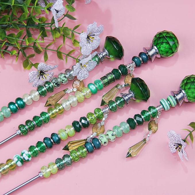 121 Pcs DIY Fairy Wand Beaded Garden Stakes Kit, Fairy Wands Garden Kit Deep Green Large Hole Bead with Pendants Crystal Stopper Top Threaded Rod Beaded Garden Stakes Supplies for Outdoor Decorative