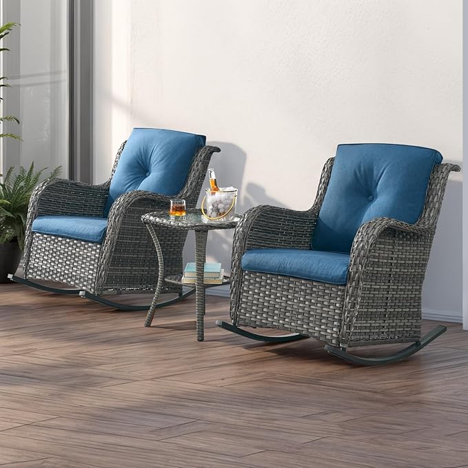 Rilyson Patio Chairs Outdoor Rocking Chair - 3 Piece Wicker Patio Bistro Set Rattan Patio Furniture Rocker Chairs and Side Table for Porch Deck Backyard Garden(Mixed Grey/Blue)