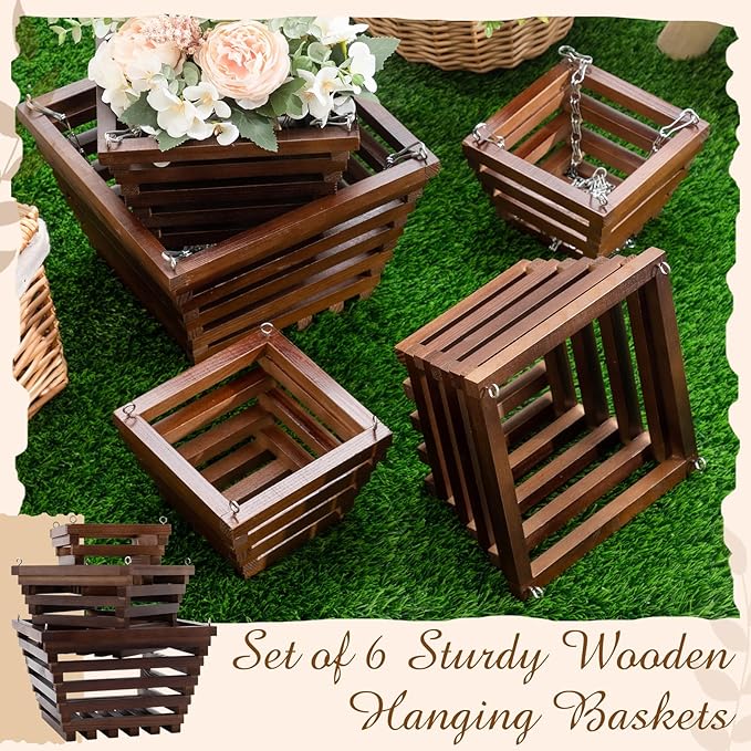 5 Pcs Wooden Orchid Hanging Basket with Hangers Pine Rustic Vanda Baskets Square Handmade Orchid Pots for Indoors Outdoors Garden Staghorn Ferns Mount Plants Flowers (6inch,8inch,10inch)