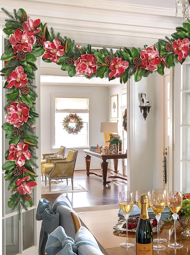 Briful 5FT Christmas Magnolia Flower Garland with Pine Cones Berries Artificial Silk Floral Vine Faux Flower Garland for Xmas Backdrop Table Wall Wedding Party Home Decor