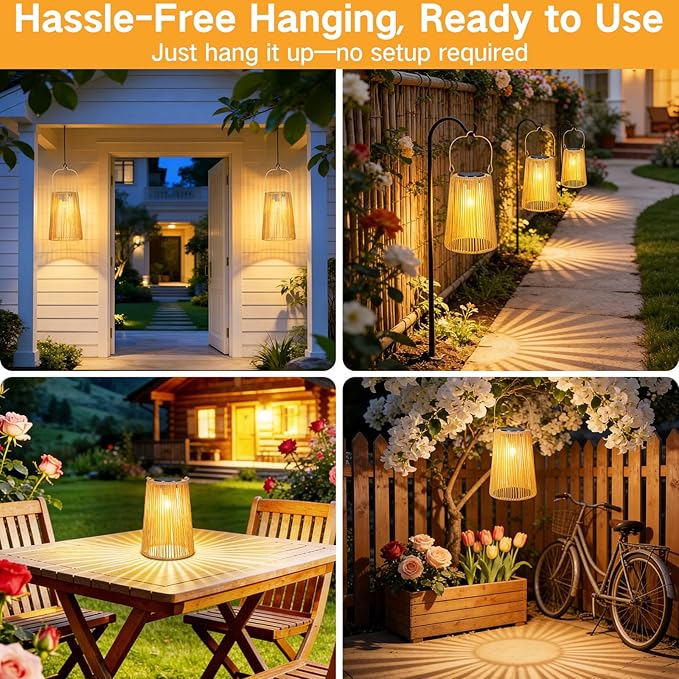 Solar Lanterns Outdoor Waterproof, Hanging Rattan Woven Solar Lights with Auto On/Off, Decorative Gifts for Garden, Yard, Patio, Tree, Porch, Lawn, Pathway & Outside Tabletop Decor