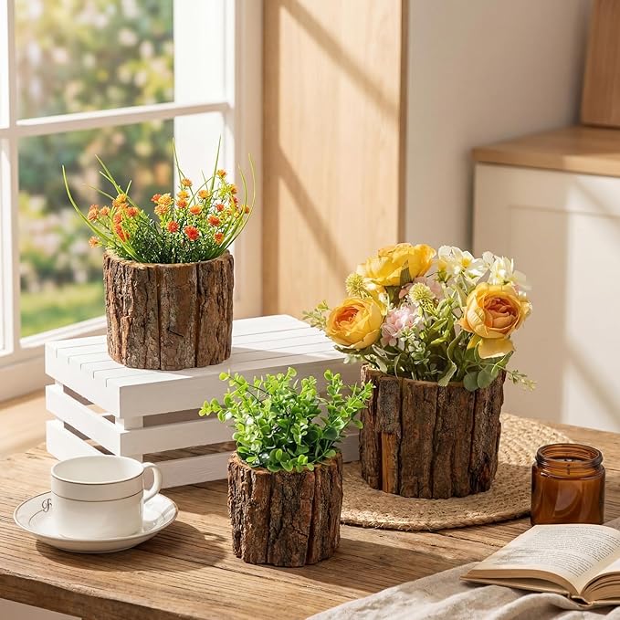 3 Pcs Wooden Vase for Centerpieces Woodland Table Decor Wooden Flower Vase Rustic Bark Stump Buckets Vintage Wood Planter Pots for Garden Party Wedding Window Home Farmhouse (L+m+s)