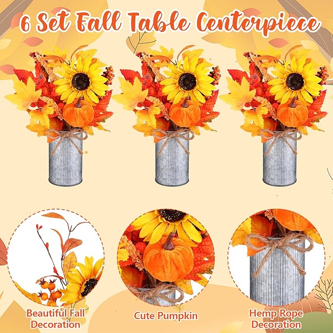 6 Pack Fall Fake Potted Plants Thanksgiving Floral Arrangements Artificial Sunflowers Maple Leaf Berry Pumpkin Metal Pots Faux Flower Harvest Holiday Table Centerpieces Rustic Mantel Decor