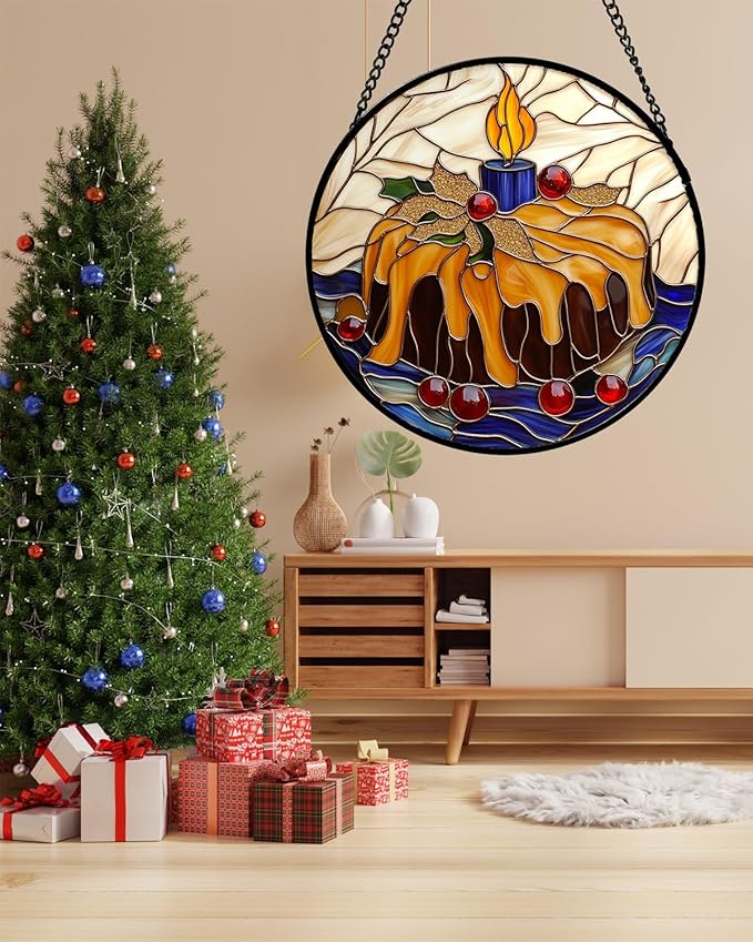 Stained Glass Window Hanging - Blue Candle Cake Suncatcher for Doors Home Christmas Decoration Winter Sun Catcher Thanksgiving New Year Birthday Gifts for Women Men Mom Nana Girl 15 in