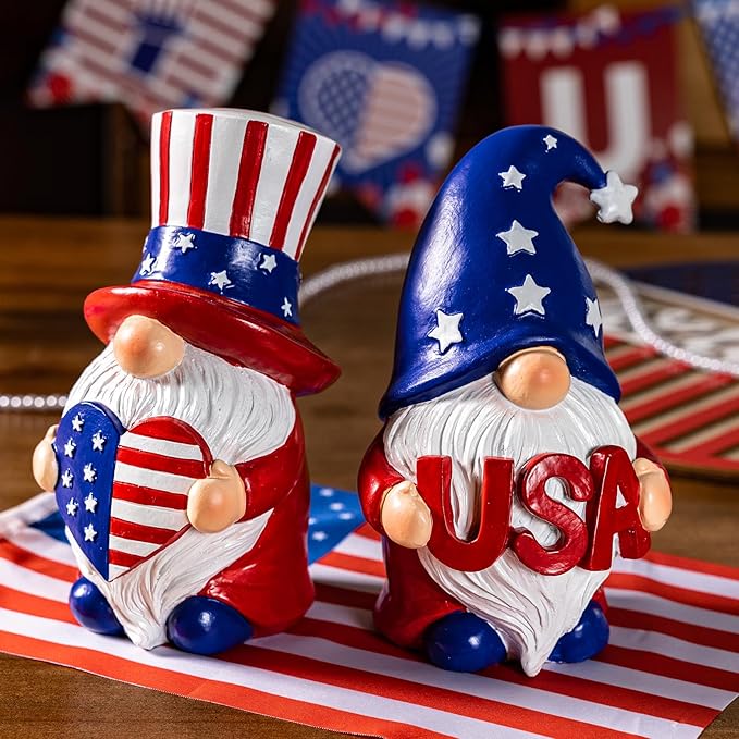 Outdoor Patriotic Garden Gnomes, 2pcs 4th of July Gnome Decor Indoor, Red White Blue Decorations, Gnomes Gifts for Women Mom Grandma