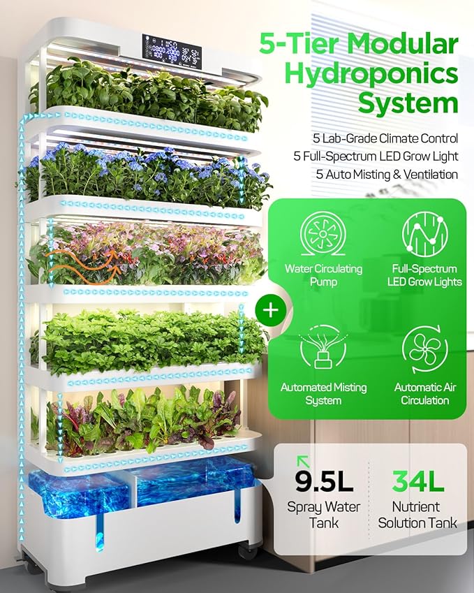 Woolooloo Large Hydroponics Growing System Kit, 5-Tier Indoor Herb Garden with Smart Climate Control, Auto Misting, Full Spectrum Grow Light, Vertical Hydroponic System for Home or Commercial