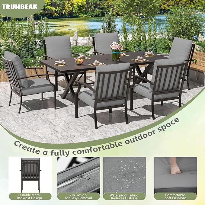 7-Piece Patio Dining Set Outdoor Conversation Set,Metal Outdoor Furniture Set with Umbrella Hole Cut-Out 78.7" x 35.4" Table and 6 Metal Backrest Chairs for Backyard,Garden,Grey