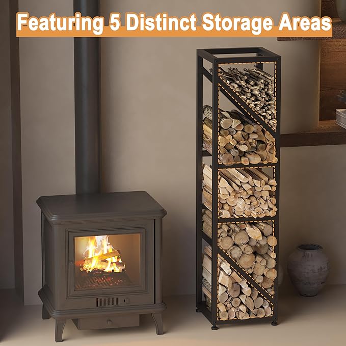 47 Inch Tall Indoor Firewood Rack Outdoor, 5-Tier Functional Fireplace Log Holder, Heavy Duty Metal Firewood Storage Rack, Decorative Log Organizer, Anti-Rust Coating, Adjustable Pads