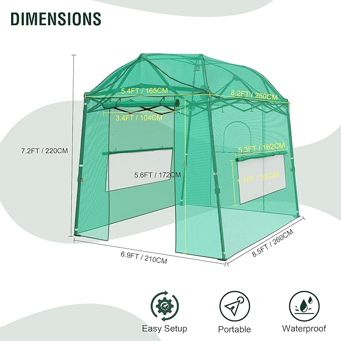 8.5 x 7 x 7 FT Walk-in Greenhouse, Portable Pop-up Greenhouse for Indoor Outdoor, Plant Garden Green House with Zippered Doors, Screen Windows, Heavy Duty Frame and Durable PE Cover