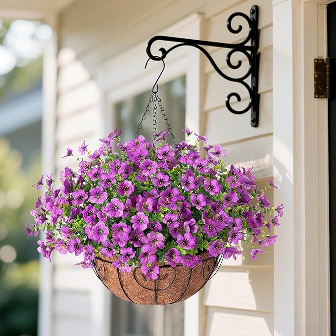 Artificial Flowers Hanging Basket for Outdoor Indoor Spring Summer Decoration,Fake Silk Colorful Daisy Eucalyptus in 12" Metal Coconut Lining Flowerpot Arrangement for Patio Yard Decor(Purple)