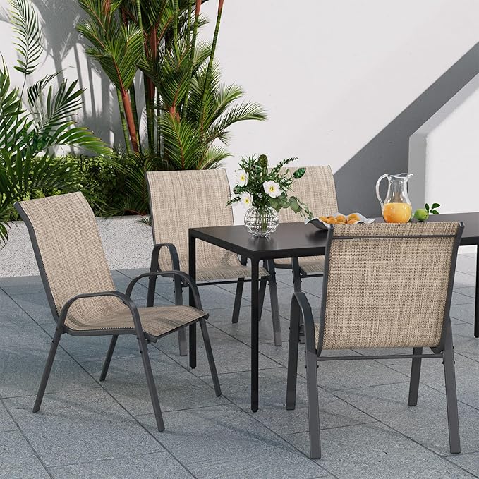 Patio Dining Chairs Set of 4, Outdoor High Stacking Chairs for All Weather, Breathable Seat Fabric and Alloy Steel Frame for Backyard, Porch, Garden (Brown)