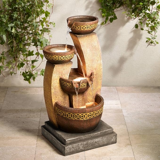 Four Bowl 41 1/2" High Large Zen Indoor Outdoor Decor Faux Stone Floor Fountain with Light LED Waterfall Cascading Standing Water Feature for Outside Garden Patio Yard Backyard - John Timberland
