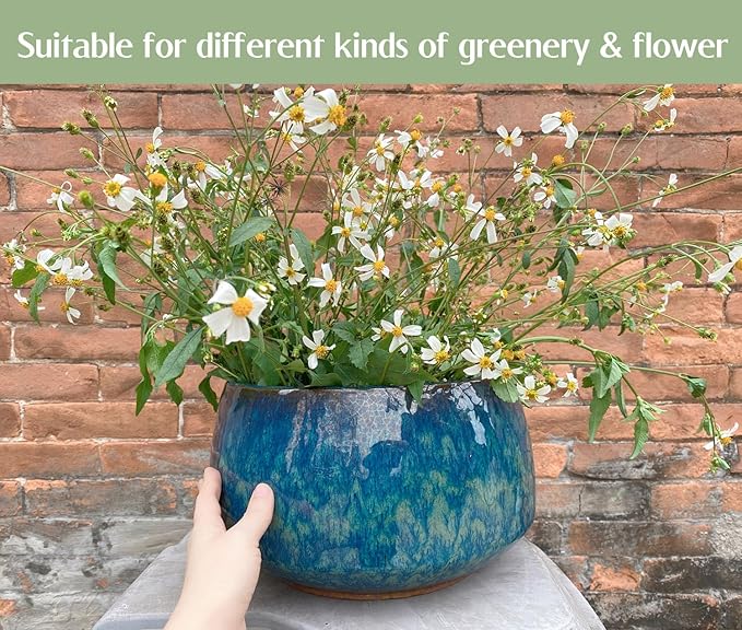 Casktcom Reactive Glaze Peacock Color 11" Ceramic Plant Pot, Large Blue Green Planter Artisan Flower Pot with Drainage Hole, Breathable Planter for Indoor Outdoor Plants
