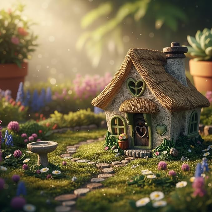 PRETMANNS Fairy House for Outside with Solar Powered LED Lights for Garden - Fairy Garden Houses for Outdoor - Miniature Accessories for Cottage Decor for Village - 7.56” High, Green