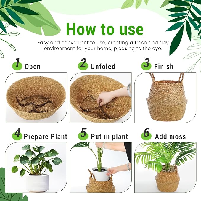 Large Wicker Plant Basket with Handle 10 Inch Woven Seagrass Belly Basket and Artificial Moss for House Plants Picnic Grocery Laundry Storage Home Decor(Large,Original,1 Pack)